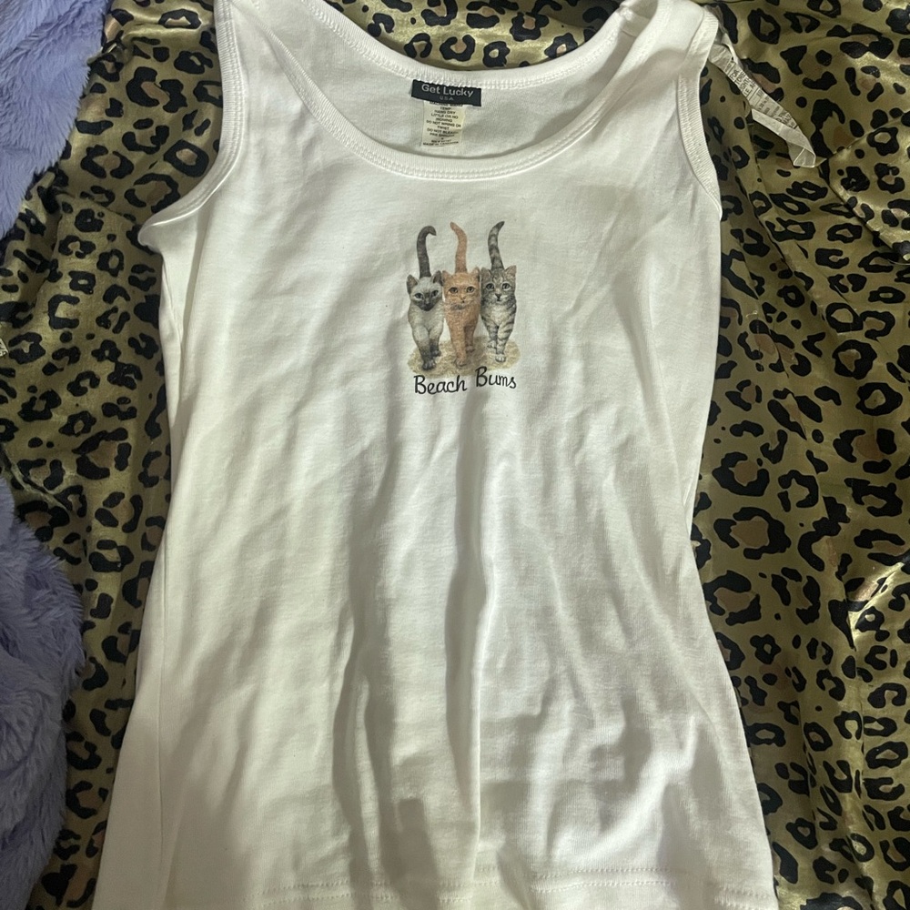 Get Lucky Women's White Tank Top with Three-Cat Beach Bums Graphic